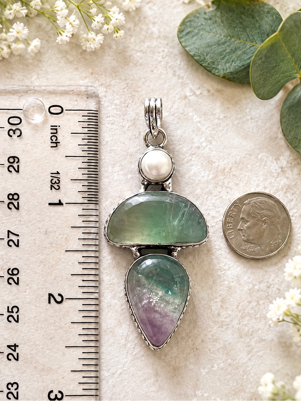 Natural Fluorite & Pearl Gemstone 2.8” Silver Pendant - Picture 4 of 7